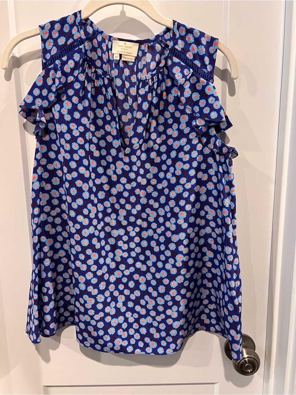 kate spade navy blue floral ruffle sleeveless top